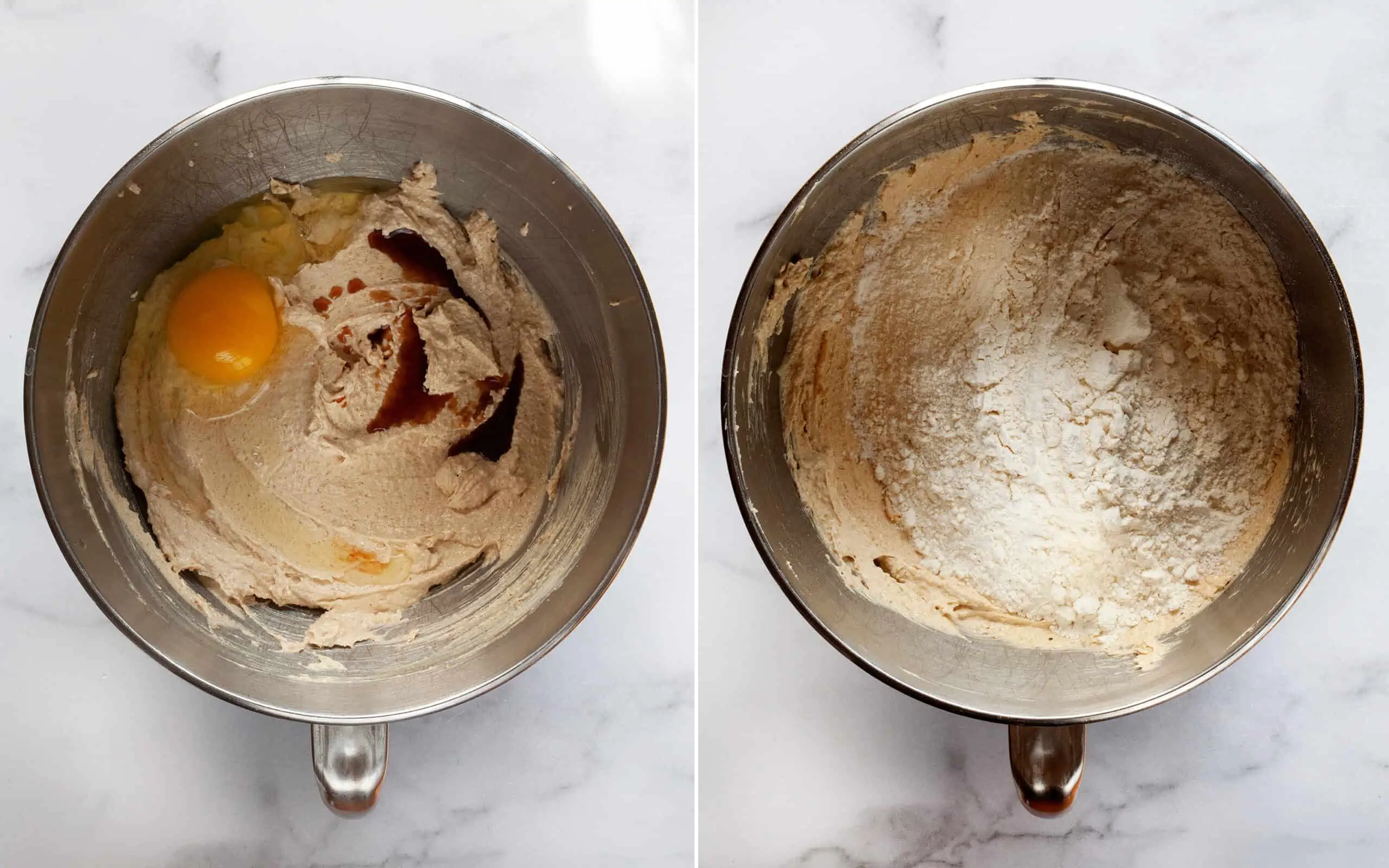Beat in the egg and vanilla extract in a bowl. Then mix in the dry ingredients into the wet ingredients.