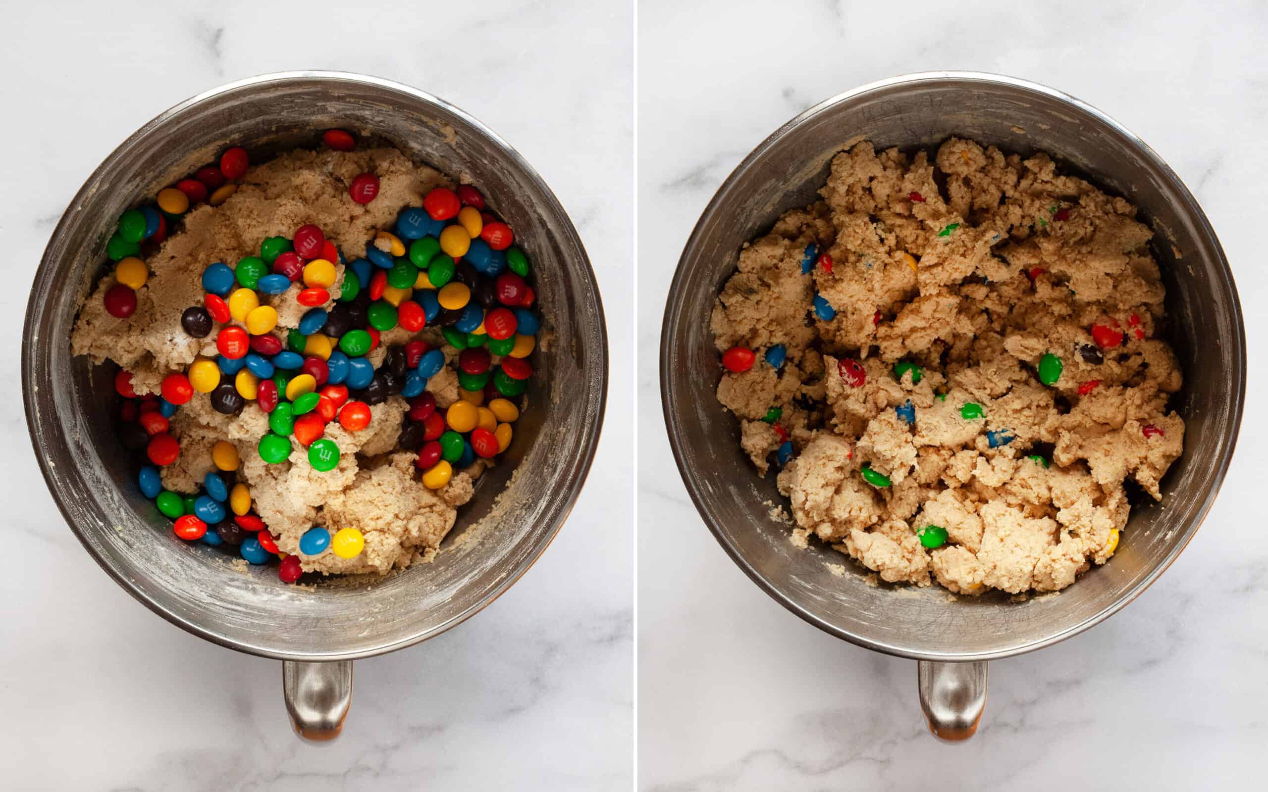 Before and after: stir the M&Ms into the peanut butter cookie dough.