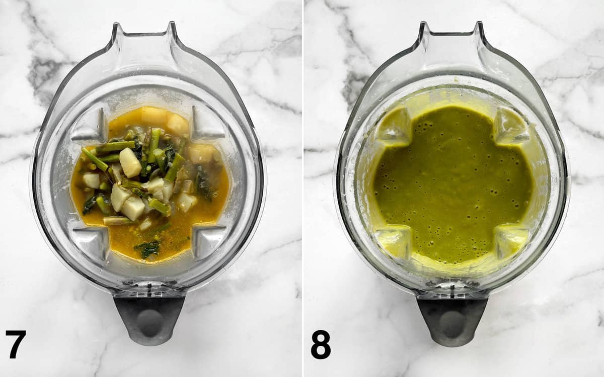 Soup ingredients in a blender before and after you puree them.
