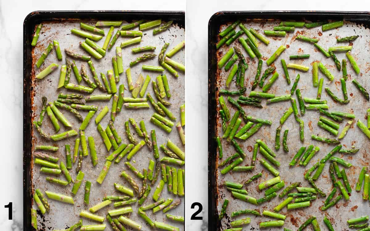 Asparagus on sheet pan before and after it roasts.