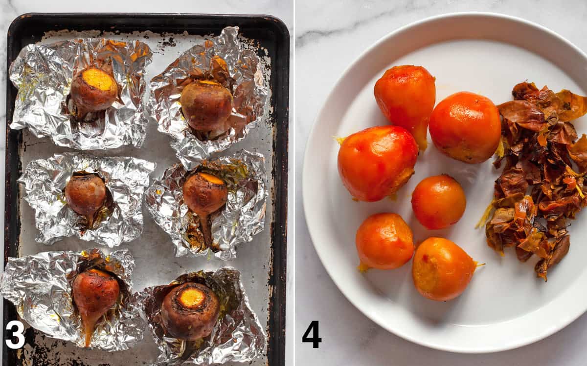 Roasted beets on a plan. Beets on a plate being peeled.