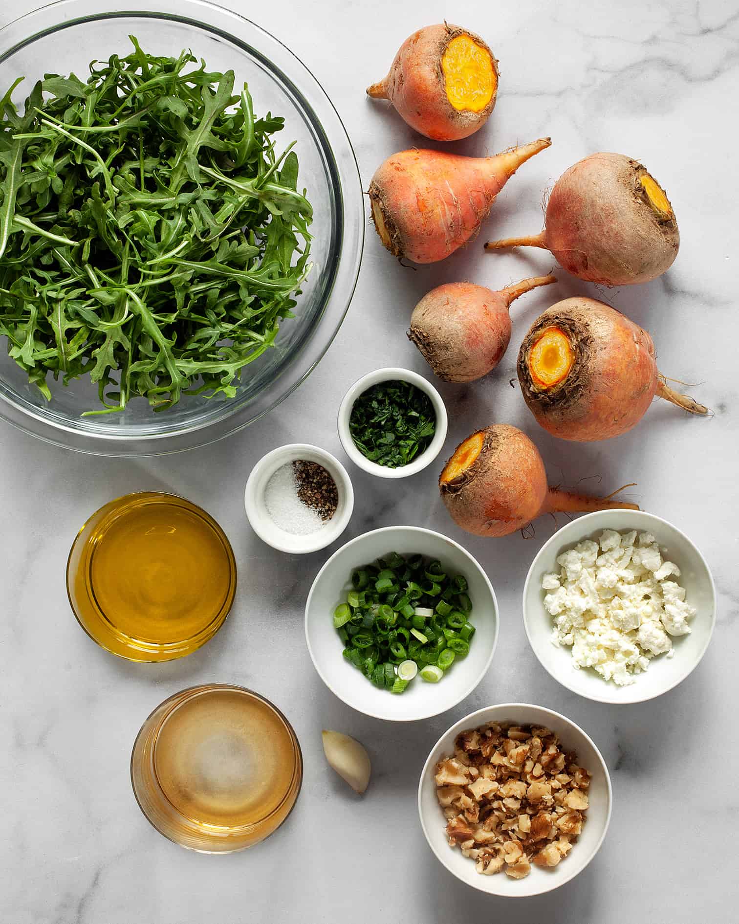 ingredients including beets, arugula, goat cheese and scallions