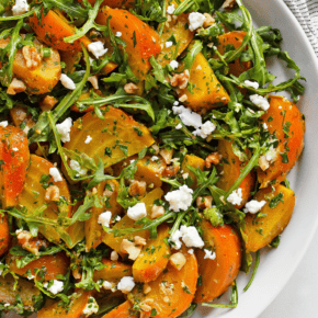 Roasted beet salad on a plate.