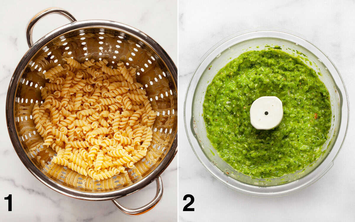 Cooked pasta in a colander. Pea pesto in the bowl of a food processor.