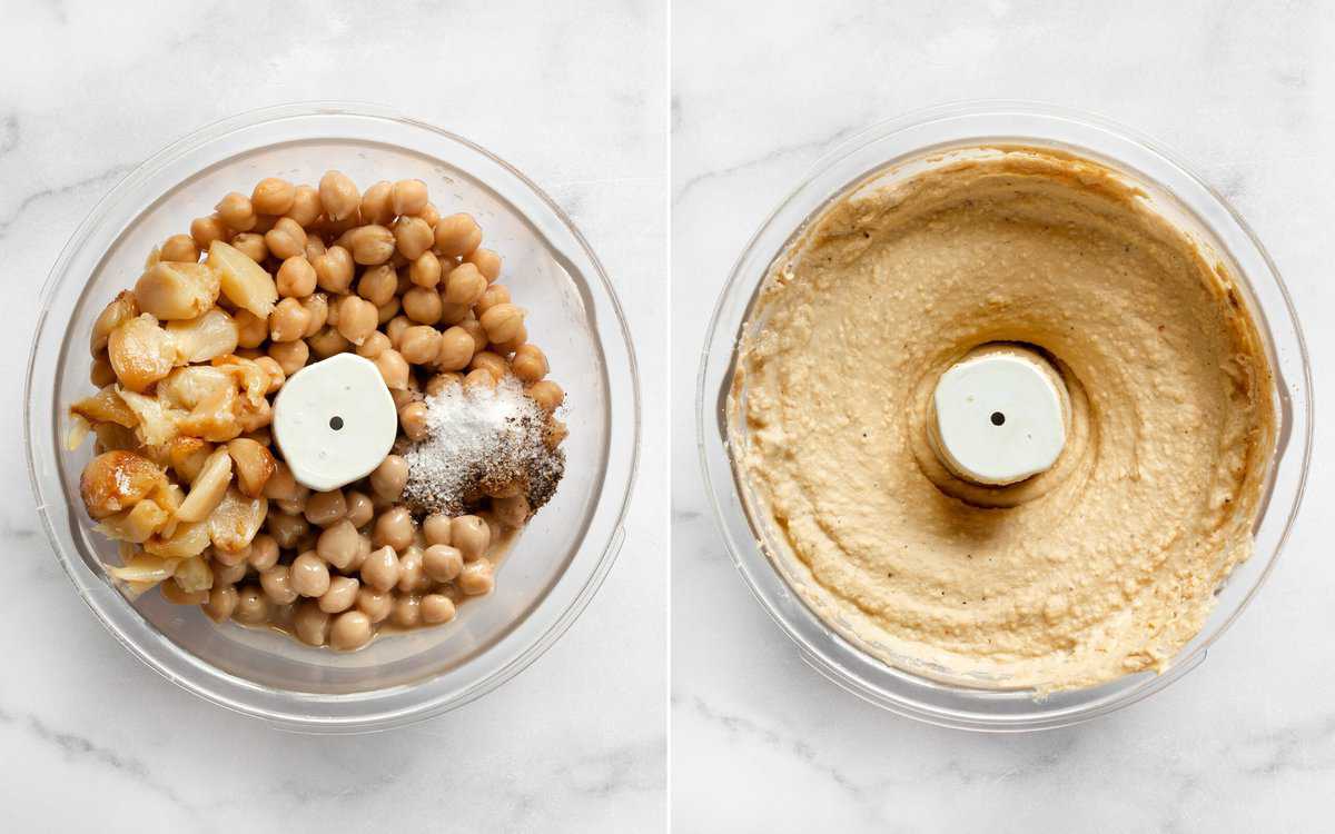Put all the ingredients for the garlic hummus into the bowl of a food processor and puree it.