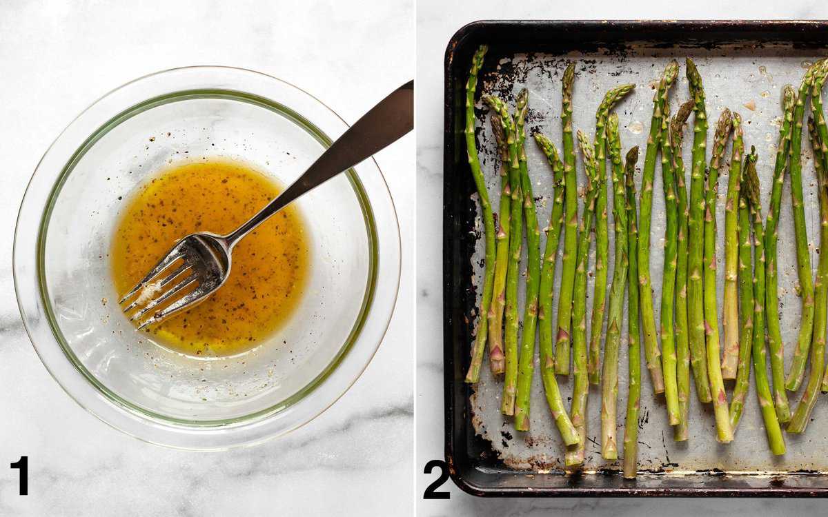 Lemon garlic marinade in a bowl. Marinated asparagus on a sheet pan.