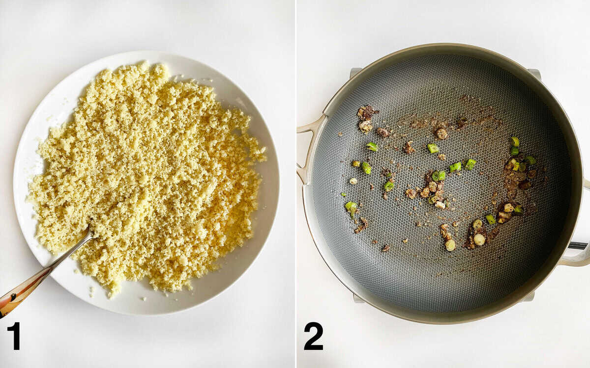 Cooked couscous in a bowl. Scallions, sauteing with minced garlic and spices in a skillet.
