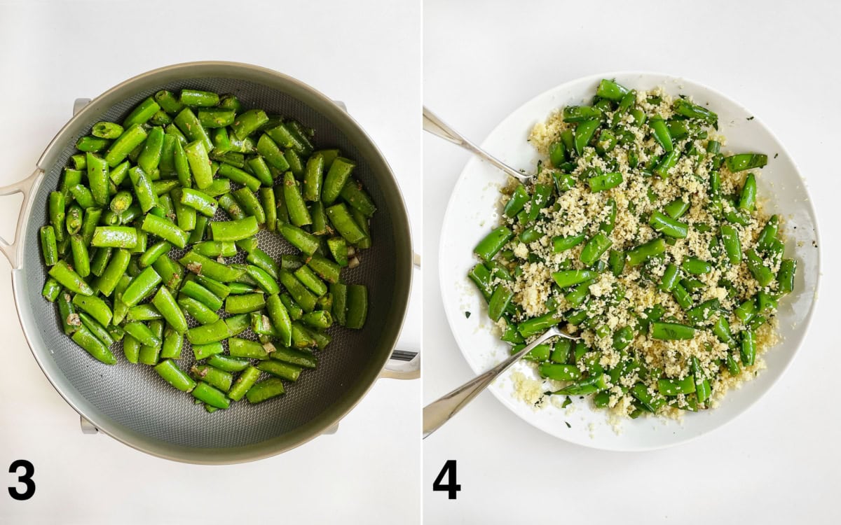 Snap peas sauteing in a skillet. Couscous, snap peas, scallions, parsley and lemon zest stirred together in a large bowl.