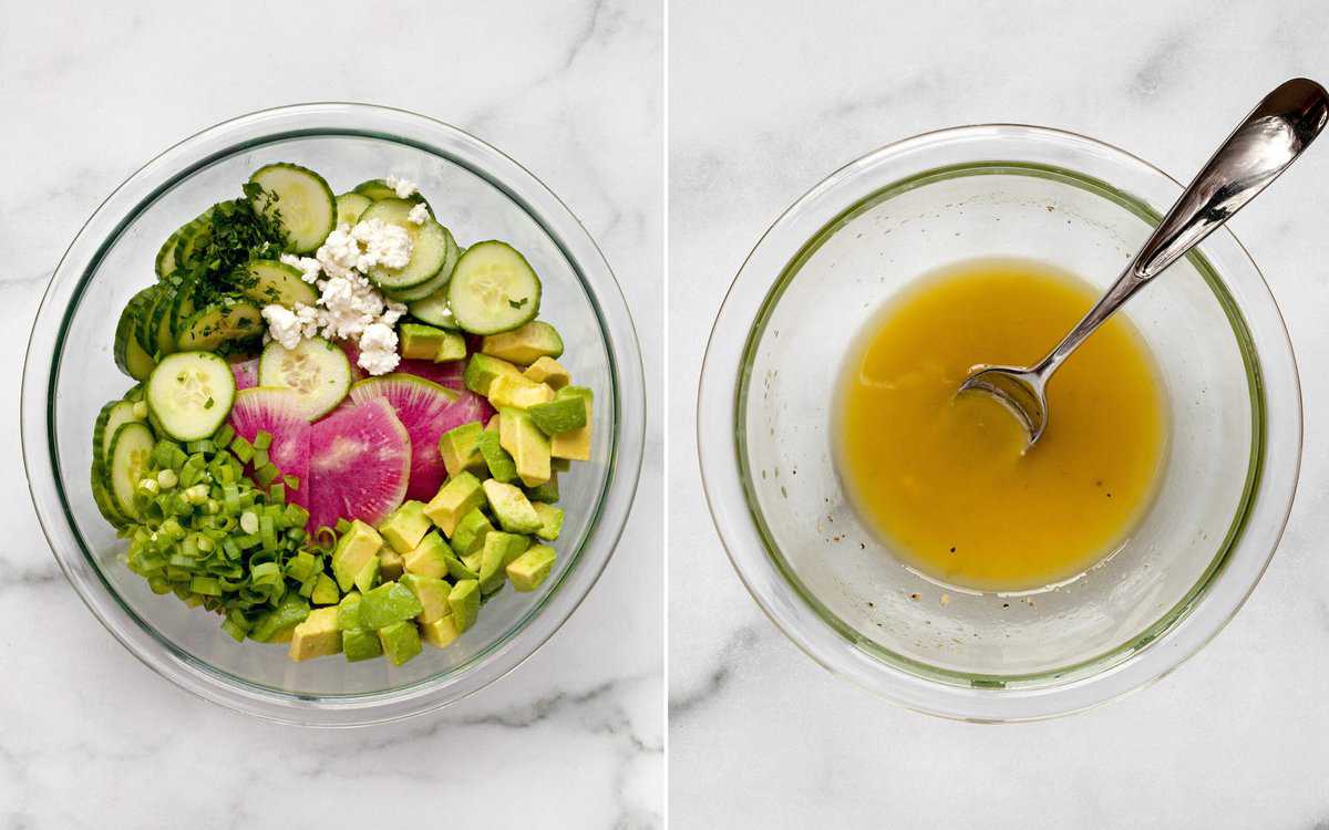 Combine the radishes, cucumbers, avocados and feta in a large bowl. Whisk together the vinaigrette in a small bowl.