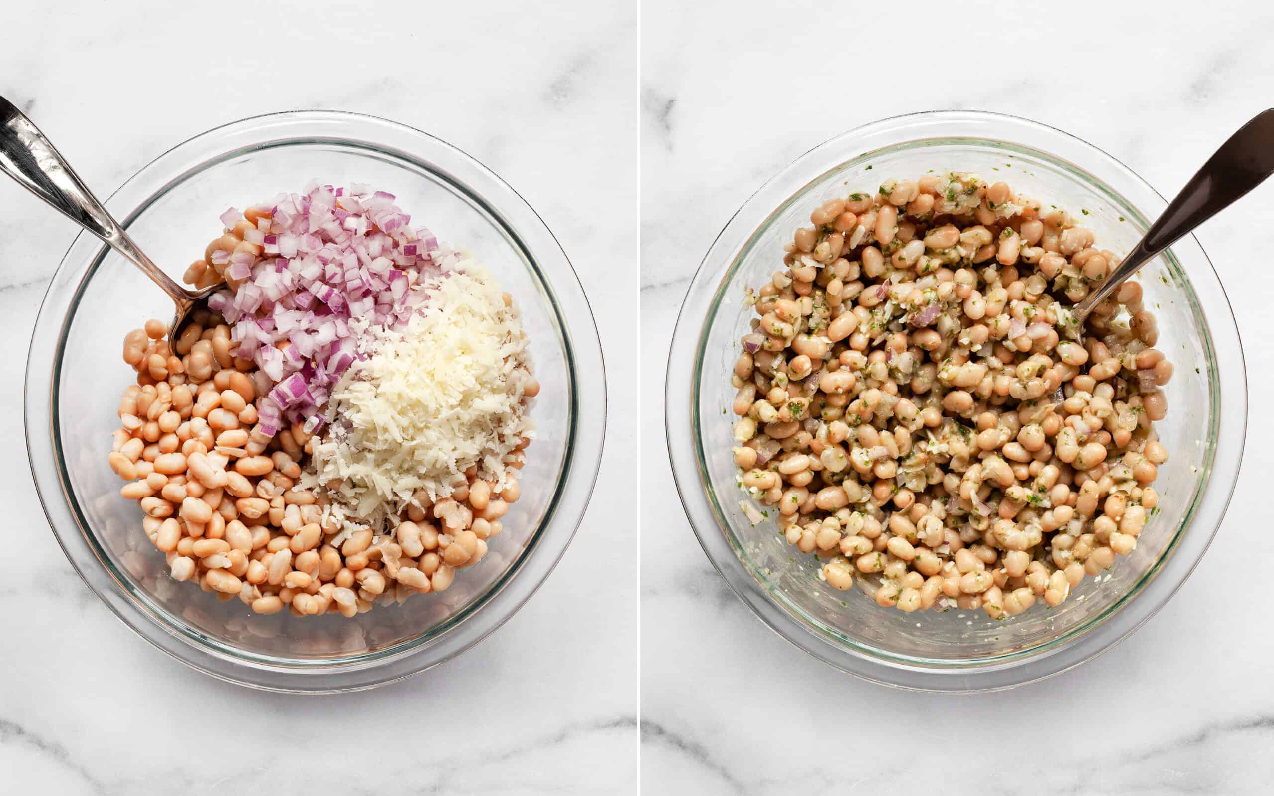 Combine the beans, onions and cheese in a bowl and stir them together.