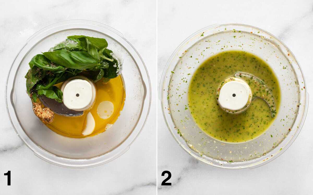Vinaigrette ingredients in the bowl of a food processor before and after you puree them.