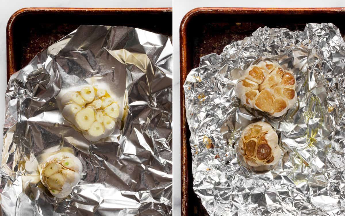 A whole garlic head on a sheet plan before and after roasting.