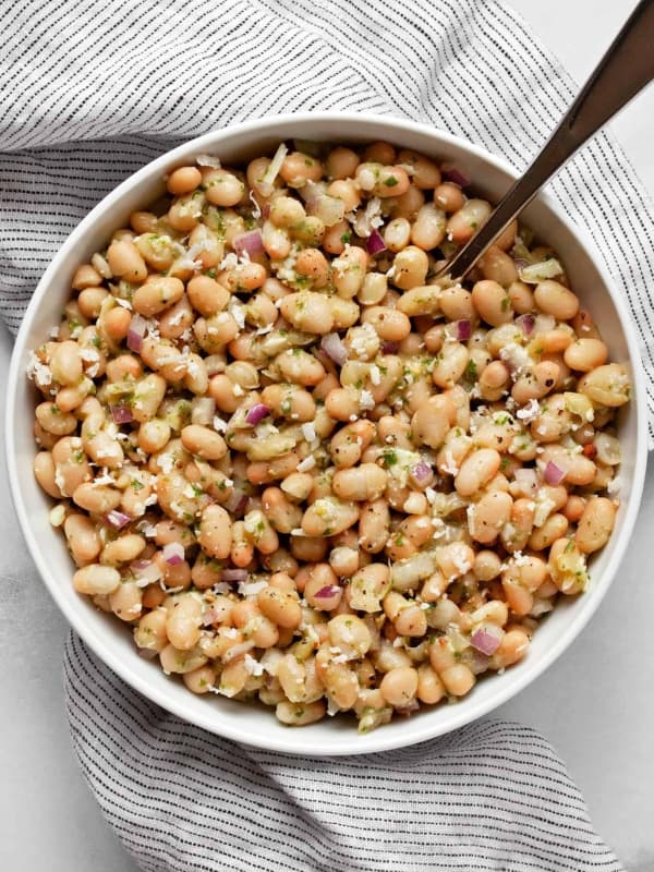 White bean salad in a bowl.