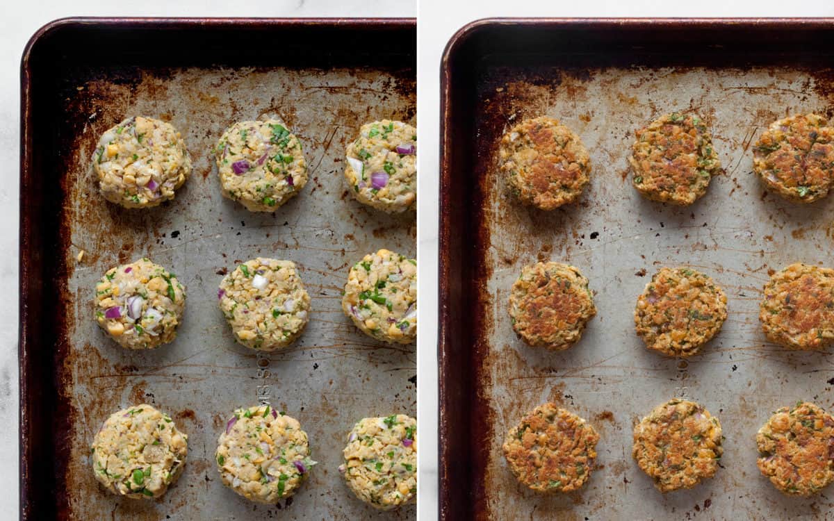 Falafel on sheet pan before and after baking.