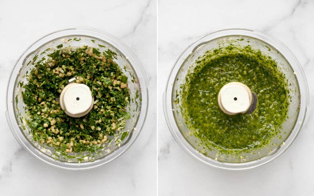 FInely chop the basil, nuts and cheese in a food processor. Add the olive oil.
