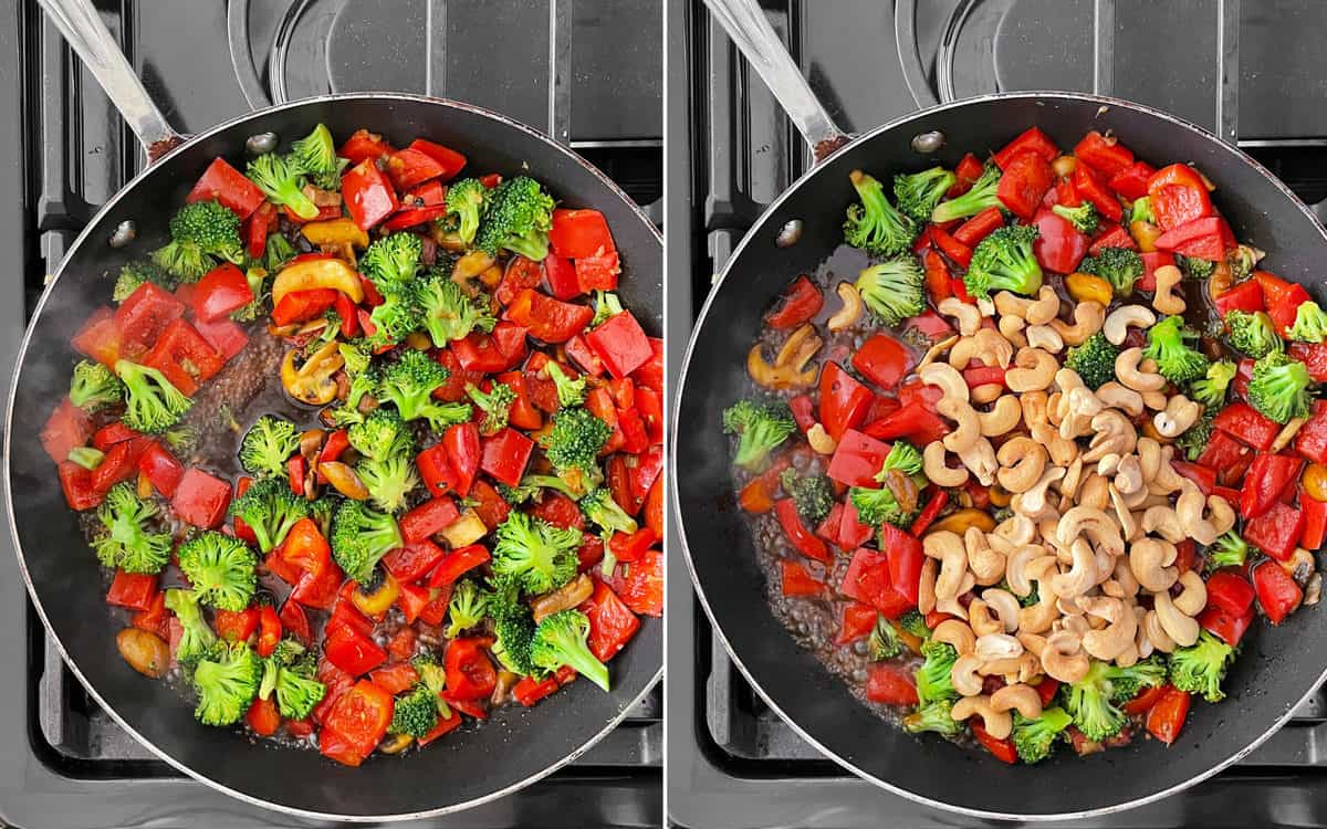 Pour the sauce into the veggies in the skillet. Then stir in the cashews and green scallions.