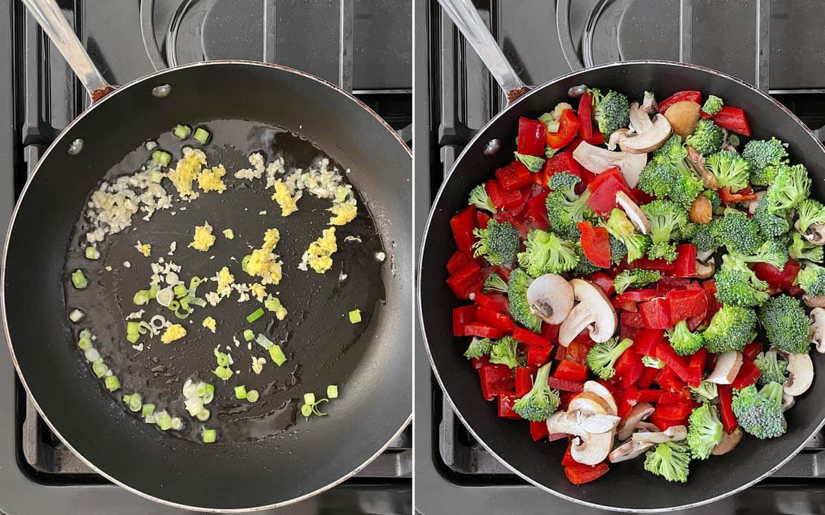 Saute the scallions, garlic and ginger. Then stir in the peppers, broccoli and mushrooms.