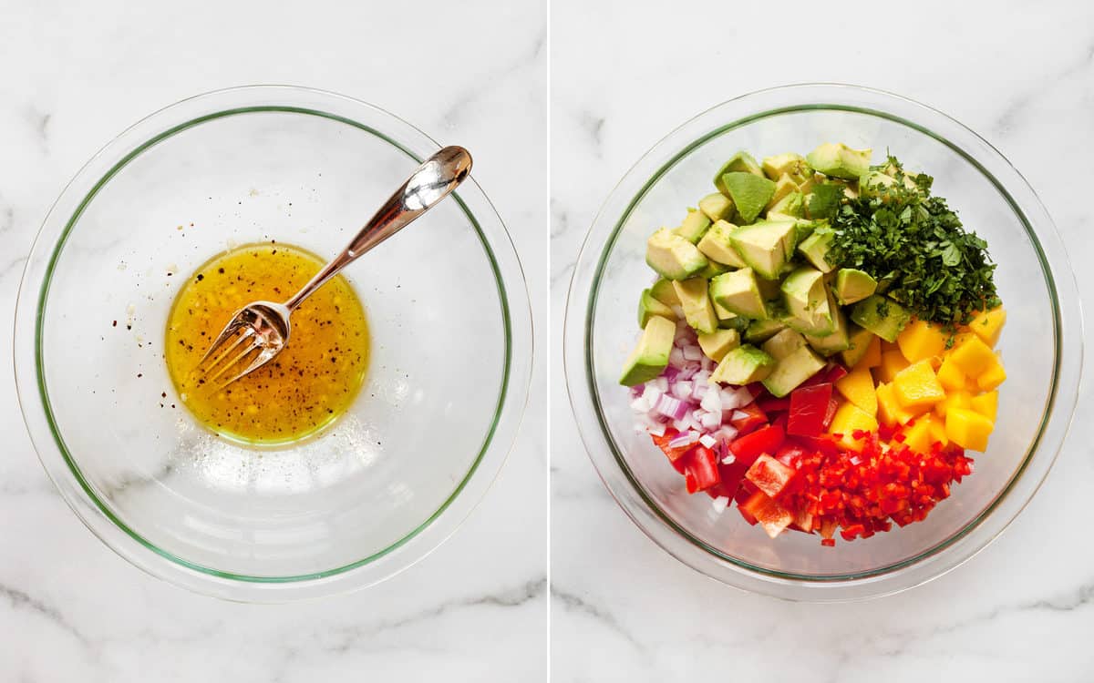 Whisk the lime dressing in a bowl. Then add the mangos. avocados, red onions, peppers and cilantro.