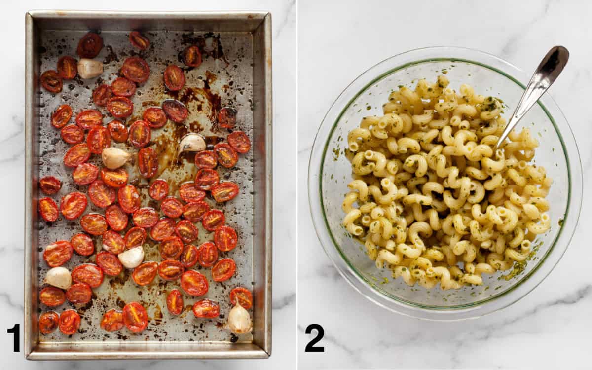 Roasted tomatoes and garlic in a pan. pasta stirred with pesto dressing in a bowl.