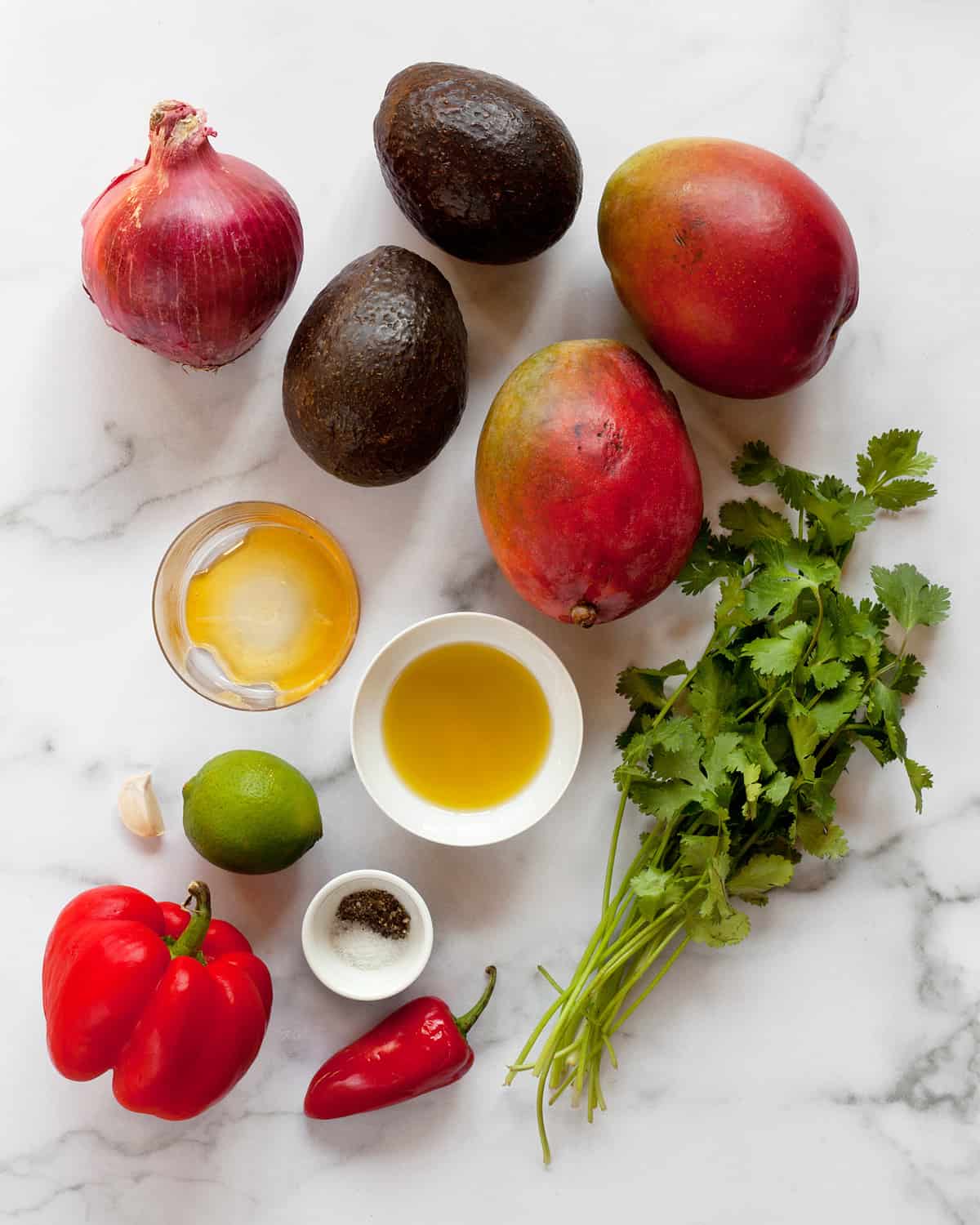 Ingredients including mangos. avocados, red onion, red pepper, lime and cilantro.