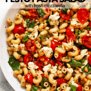 Roasted tomato pasta salad in a serving bowl.