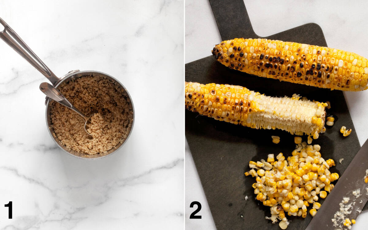 Quinoa in a pot. Corn sliced off kernels.