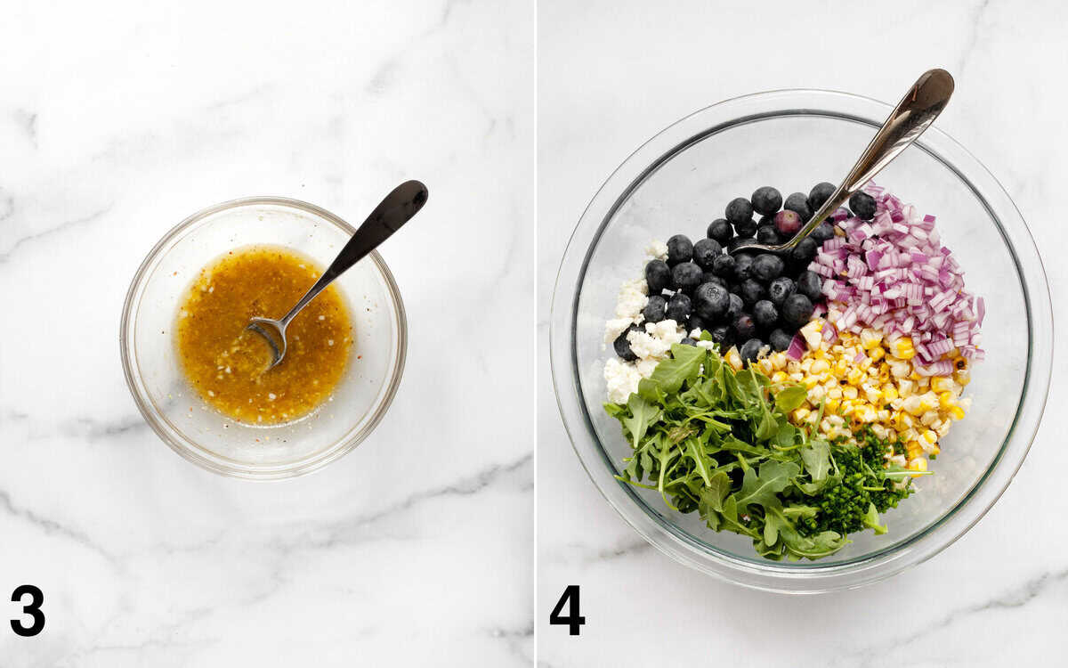 Lemon vinaigrette in a bowl. Salad ingredients in a large bowl.