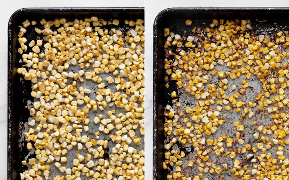 Raw corn on a sheet pan. Roasted corn on the sheet pan after it has been in the oven.