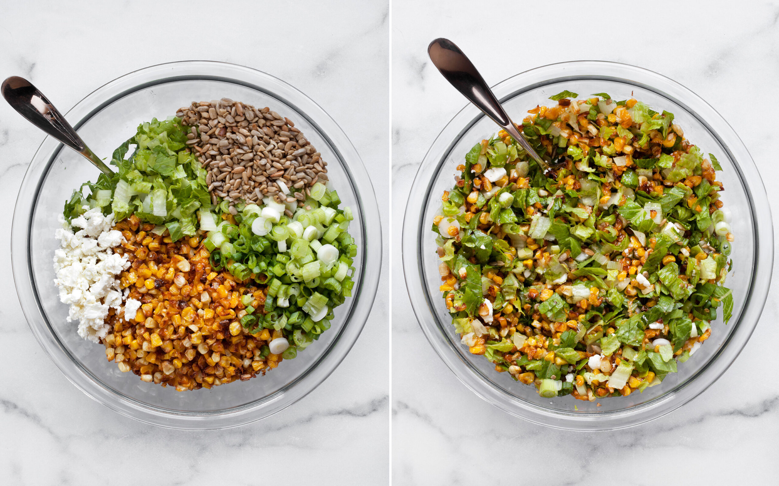 Combine the roasted corn, romaine, sesame seeds, feta and sunflower seeds. Then stir everything together with the vinaigrette.
