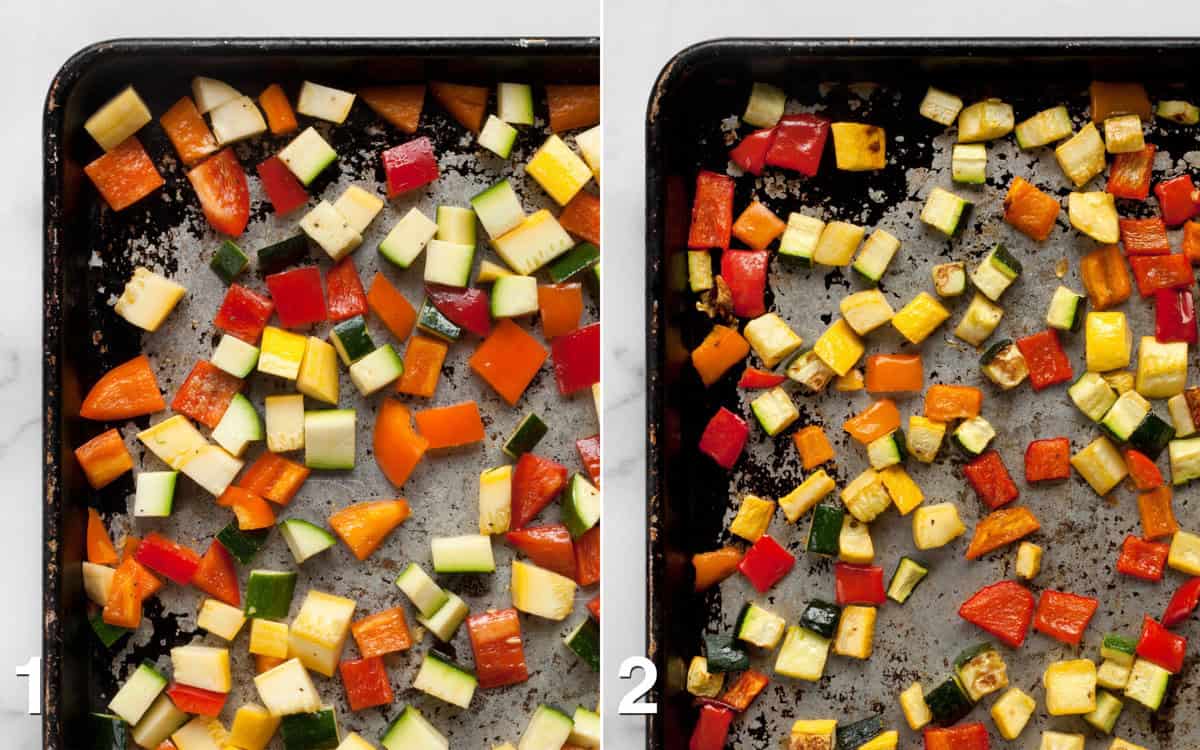Vegetables on a sheet pan before and after they are roasted.