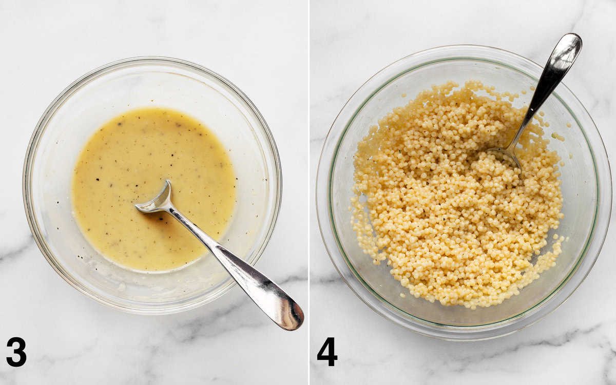 Whisk together the lemon tahini dressing in a small bowl. Stir the dressing into the couscous in a large bowl.