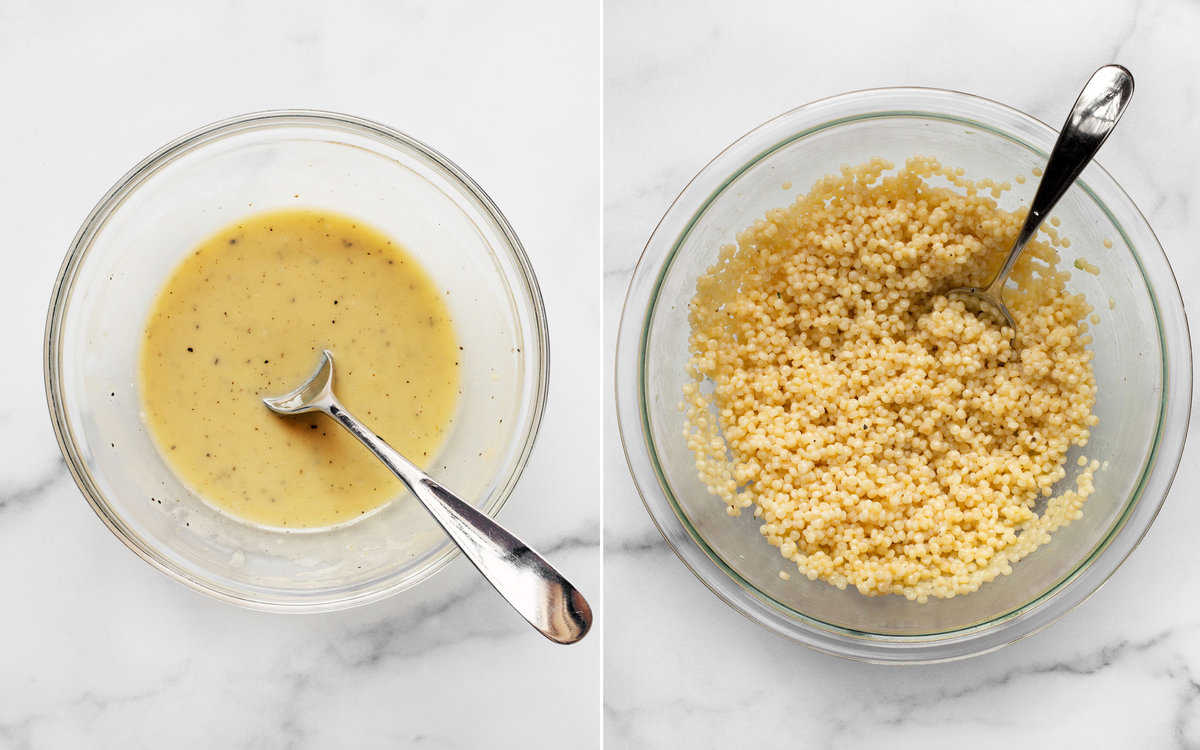 Whisk together the lemon tahini dressing in a small bowl. Stir the dressing into the couscous in a large bowl.
