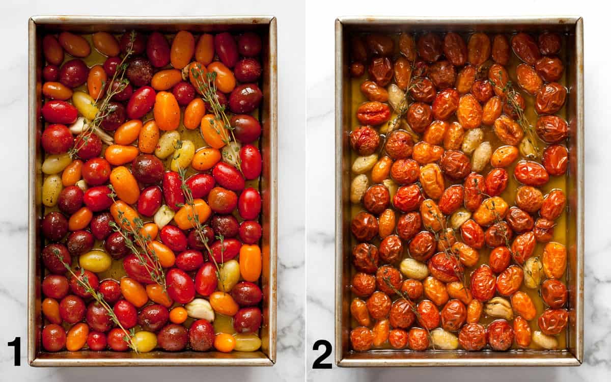 Cherry tomatoes in a rectangular baking pan before and after they are slow roasted to confit them.