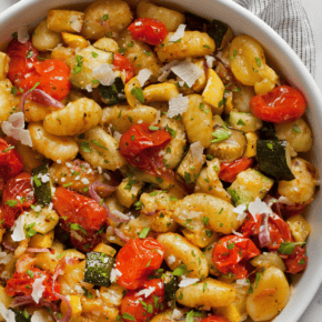 Roasted vegetable gnocchi in a bowl.
