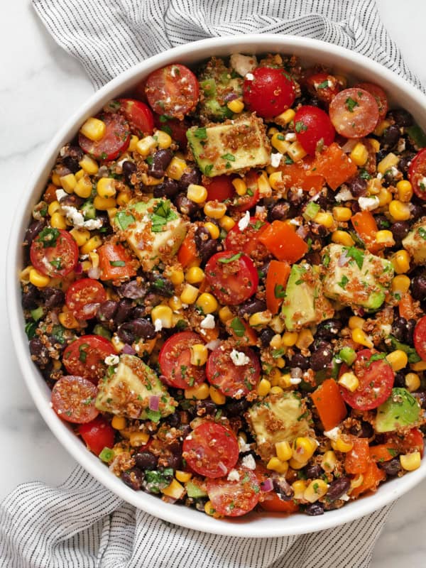 Crispy quinoa black bean salad in a bowl.