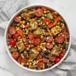Crispy quinoa black bean salad in a bowl.