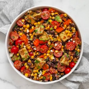 Crispy quinoa black bean salad in a bowl.