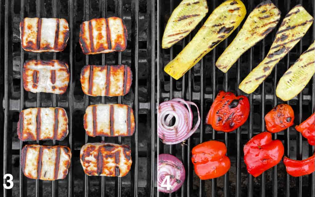 Halloumi and vegetables on the grill with grill marks.