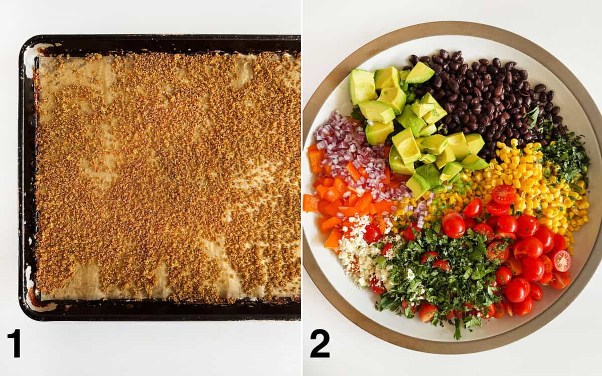 Cripsy quinoa on a lined sheet pan. Salad ingredients assembled in a large bowl.