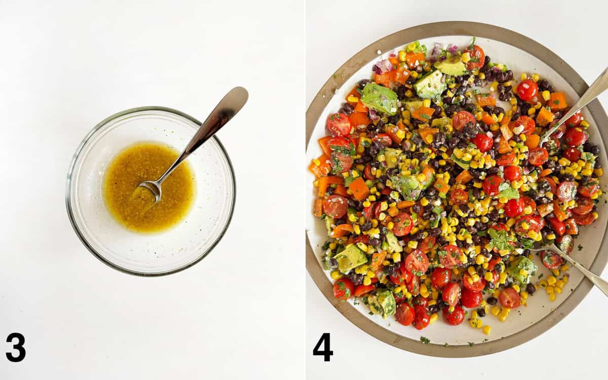 Lime dressing in a bowl. Salad ingredients tosed together with quinoa and dressing in a large bowl.