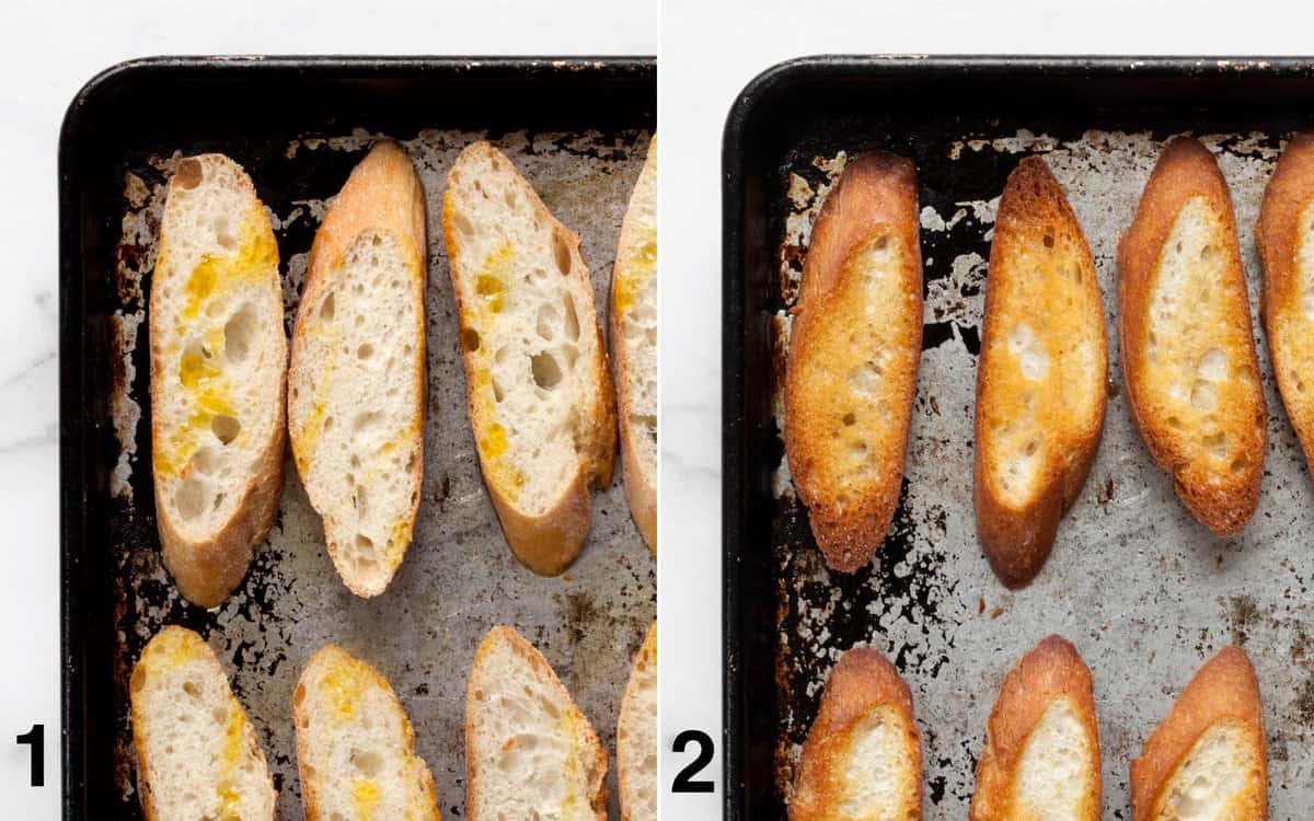 Drizzle the bread with olive oil on a baking sheet . Then toast it in the oven.