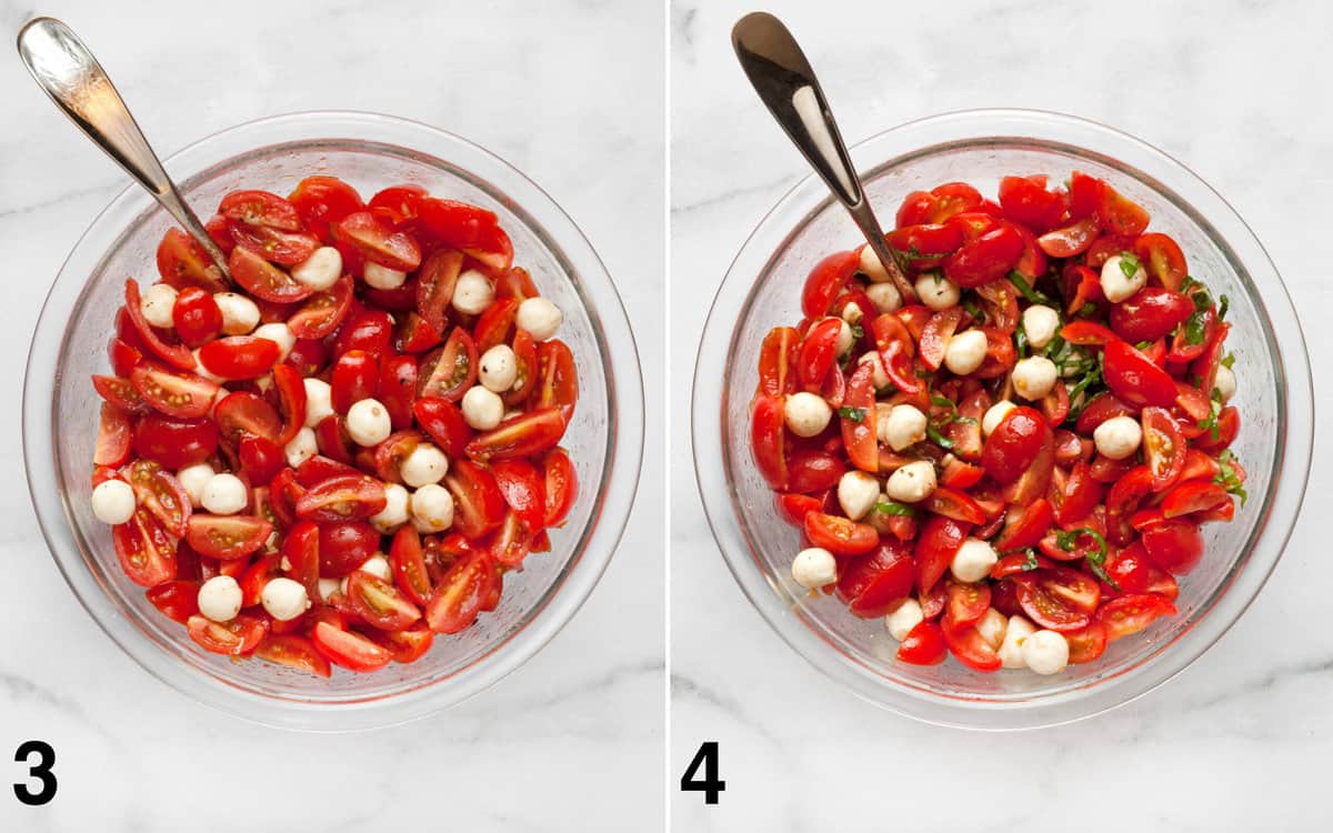 Combine the tomatoes, mozzarella, olive oil, vinegar, red pepper flakes, salt and pepper in a large bowl. Then stir in the basil.