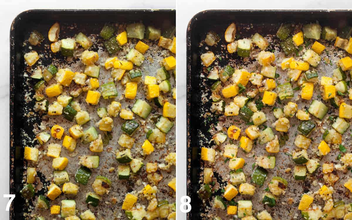 Roasted zucchini and squash on a sheet pan; then with parsley sprinkled on