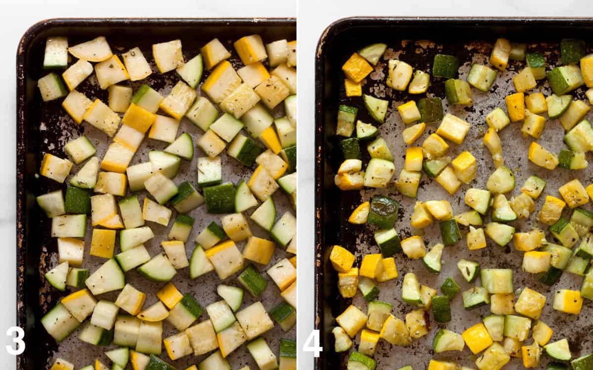Raw zucchini and squash on a sheet pan and roasted zucchini and squash on a sheet pan.