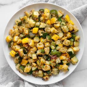 Roasted zucchini and squash on a plate.