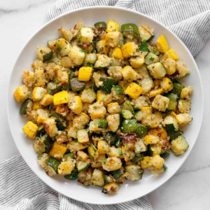 Roasted zucchini and squash on a plate.