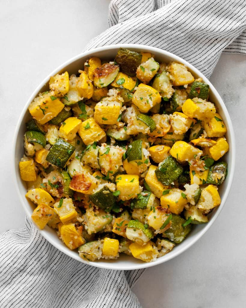 Roasted zucchini and squash in a bowl.