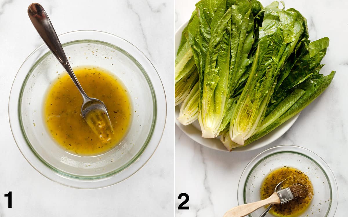 Vinaigrette whisked in a bowl. Romaine hearts on a plate with vinaigrette in a bowl with a brush.