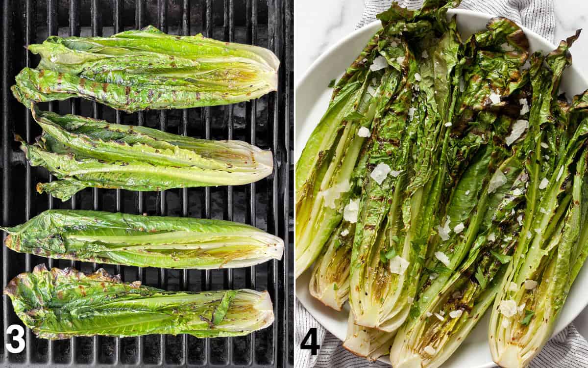 Four romaine hearts on the grill; romaine hearts on a plate.