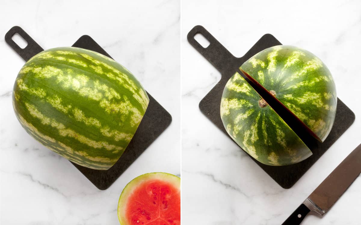 Cut an end off the watermelon with a knife and a cutting board. Then slice the watermelon in half.